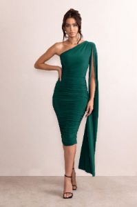 Yara | Bottle Green One Shoulder Cape Ruched Midi Dress sold by Club L London