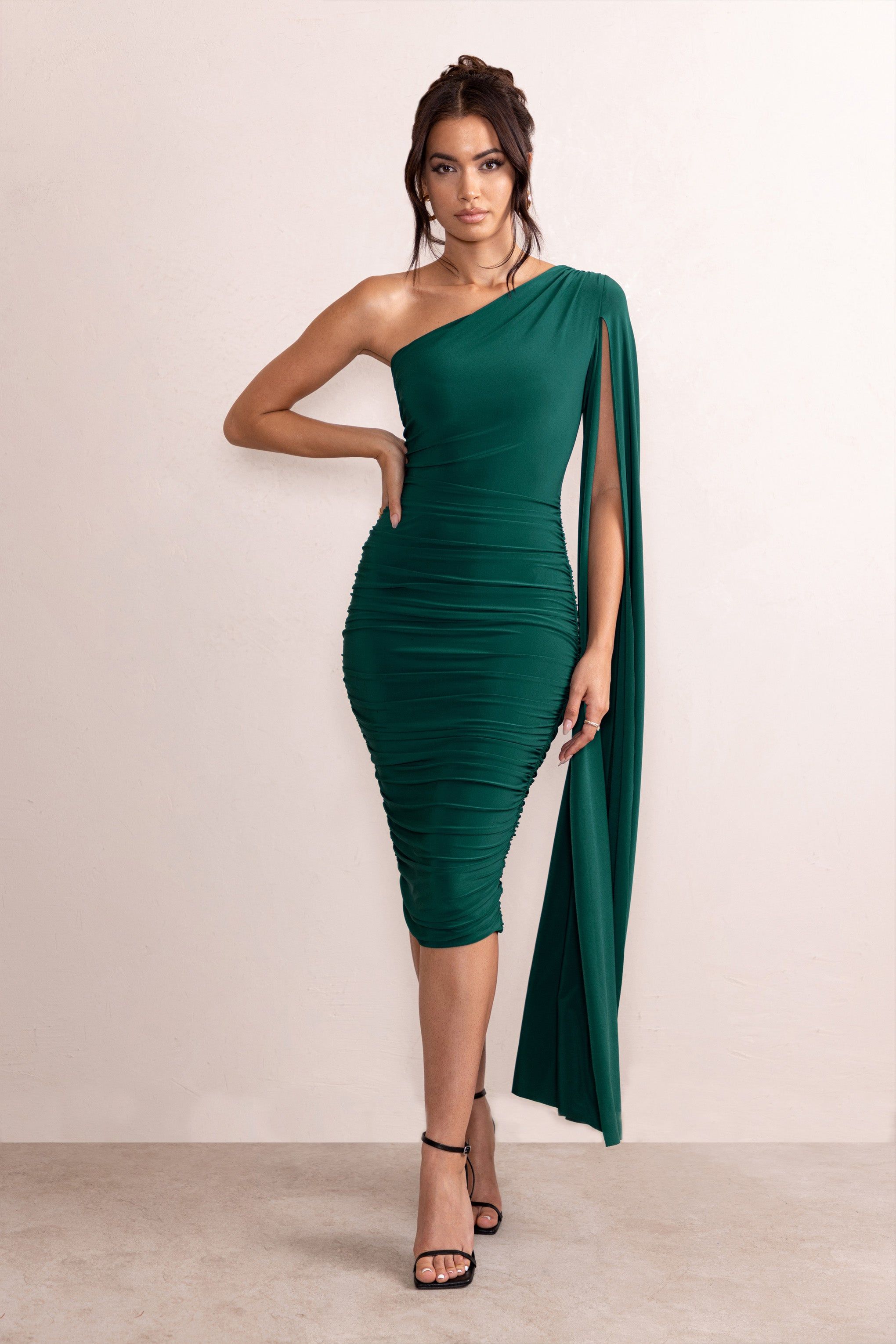 Yara | Bottle Green One Shoulder Cape Ruched Midi Dress | Parallel