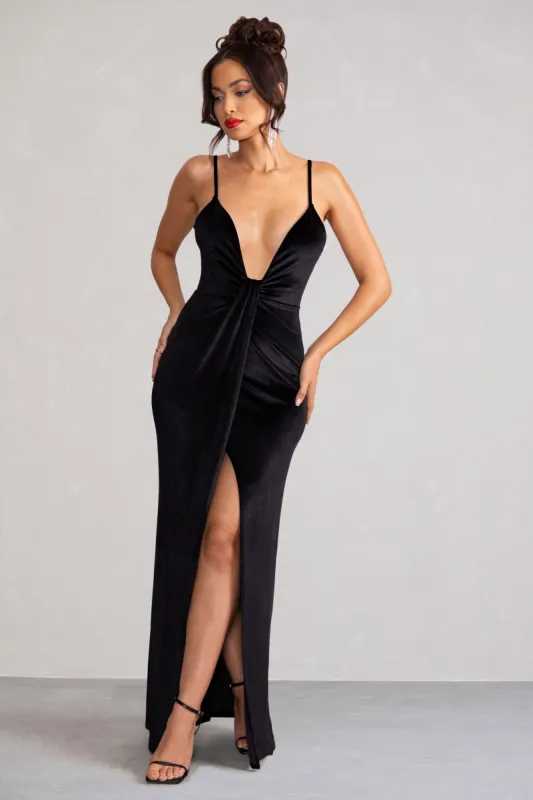 Miranda | Black Velvet Plunge Neck Twist Maxi Dress sold by Club L London