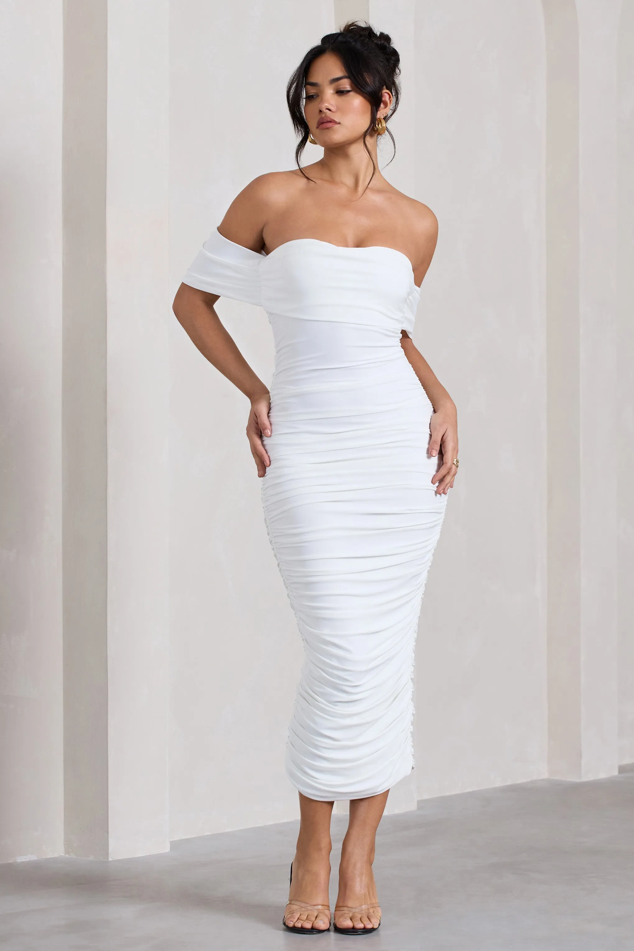 Lost For Words | White Bardot Ruched Draped Midi Dress sold by Club L London