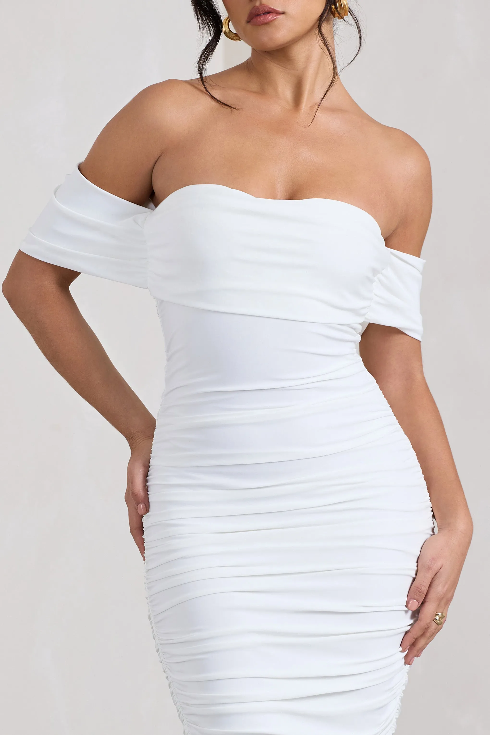 Lost For Words | White Bardot Ruched Draped Midi Dress sold by Club L London product image thumbnail 3