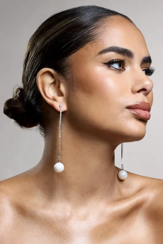 Pearla | Silver Diamante Peal Dangle Earrings sold by Club L London