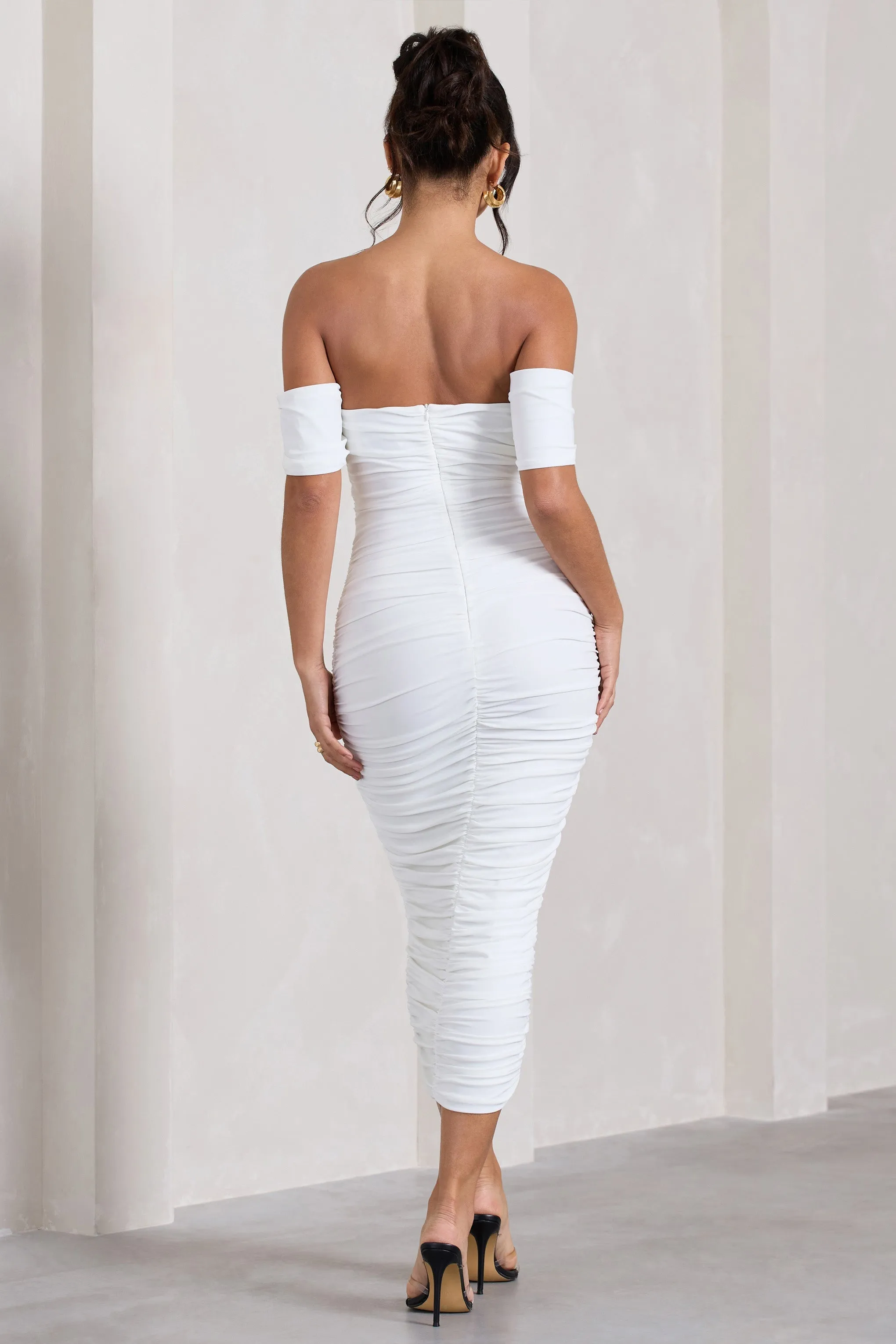 Lost For Words | White Bardot Ruched Draped Midi Dress sold by Club L London product image thumbnail 2