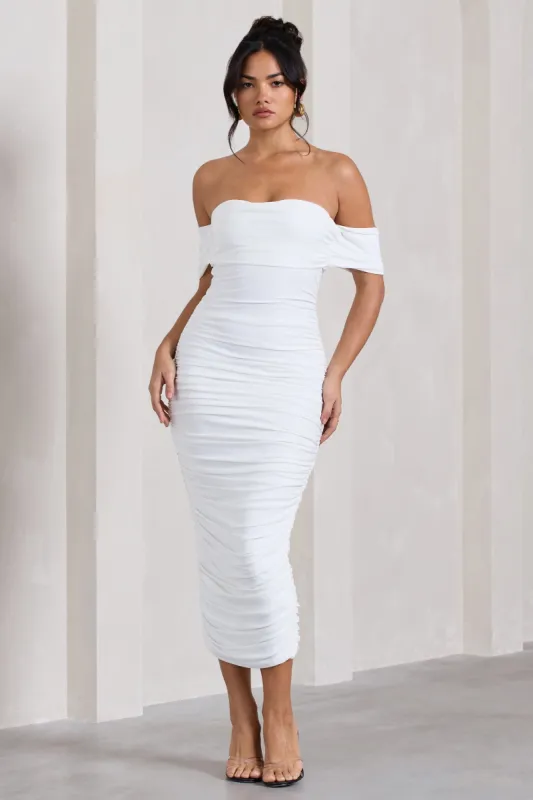 shape white ruched bardot bodycon dress shape white ruched bardot bodycon dress