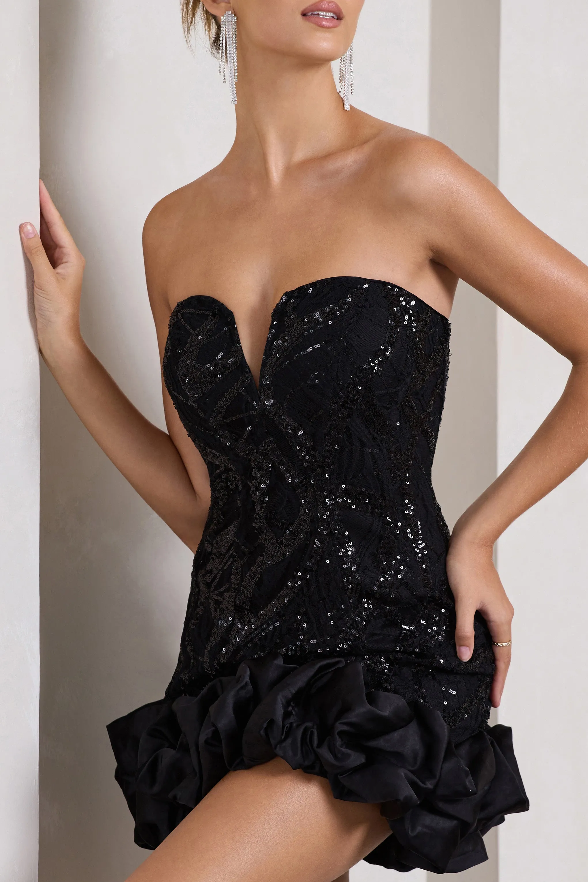 Nadia | Black Sequin Strapless Mini Dress With Ruffle Trim sold by Club L London product image thumbnail 3