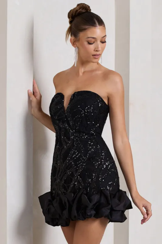 Nadia | Black Sequin Strapless Mini Dress With Ruffle Trim sold by Club L London