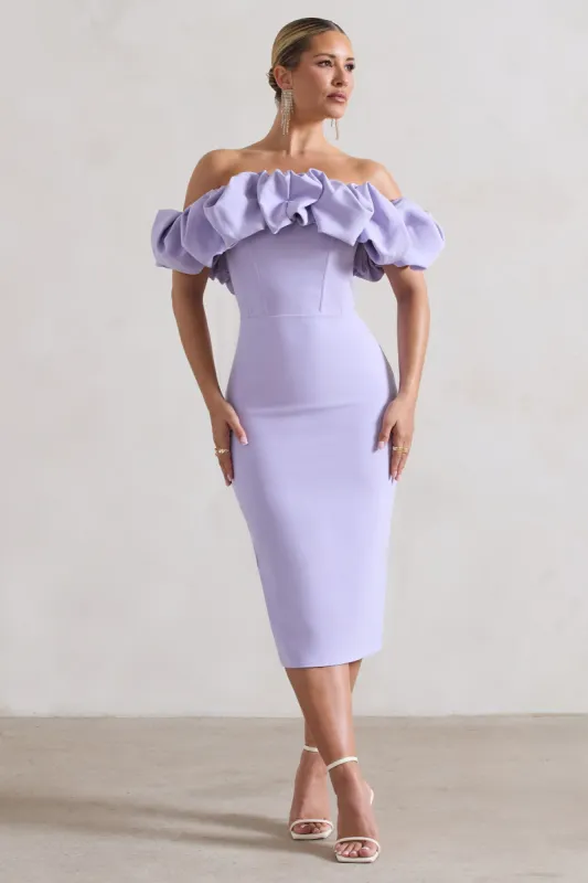 Amie | Lilac Structured Ruffle Bardot Midi Dress sold by Club L London
