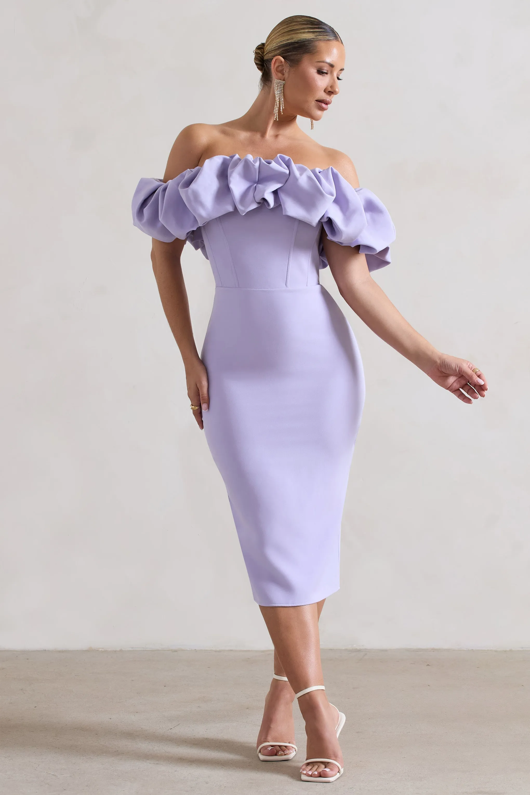 Amie | Lilac Structured Ruffle Bardot Midi Dress sold by Club L London product image thumbnail 4