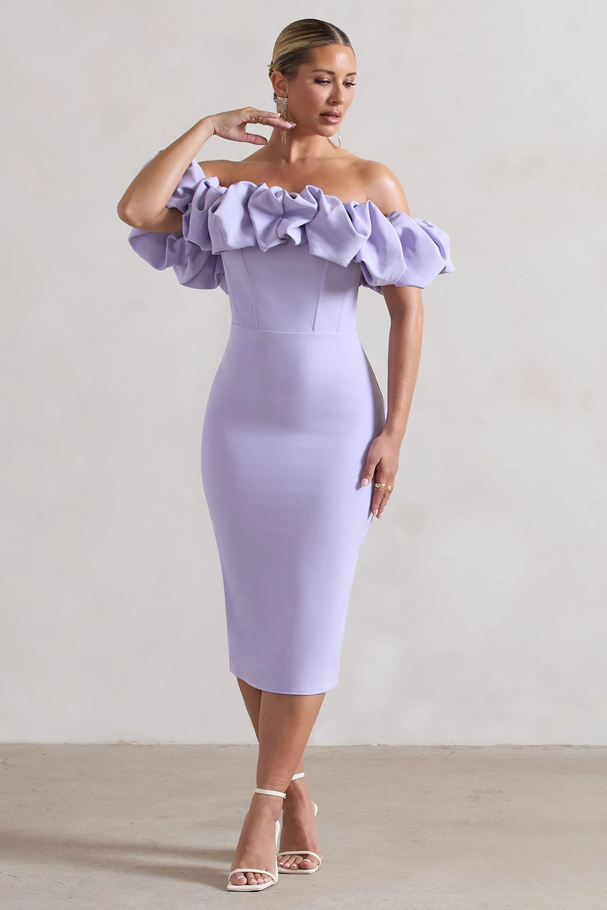 Amie | Lilac Structured Ruffle Bardot Midi Dress sold by Club L London product image thumbnail 5