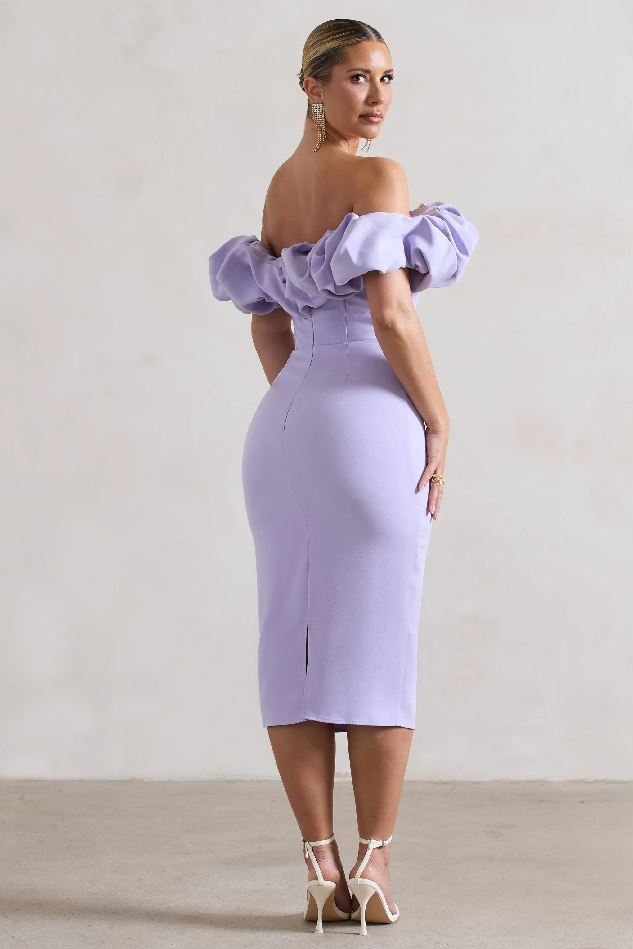 Amie | Lilac Structured Ruffle Bardot Midi Dress sold by Club L London product image thumbnail 2