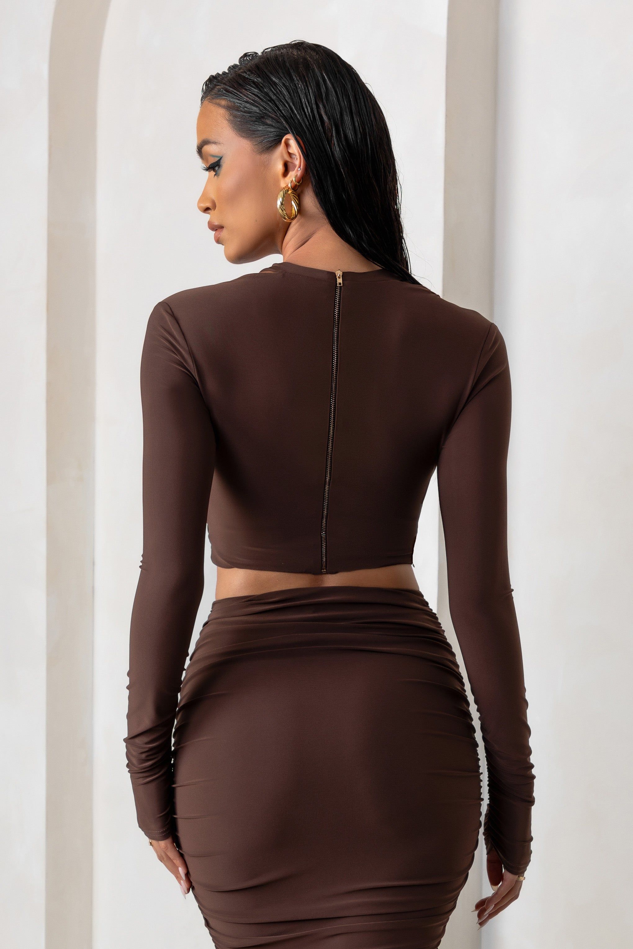 Admirable | Chocolate Brown Plunge Neck Twist Front Crop Top With Long Sleeves sold by Club L London product image thumbnail 2