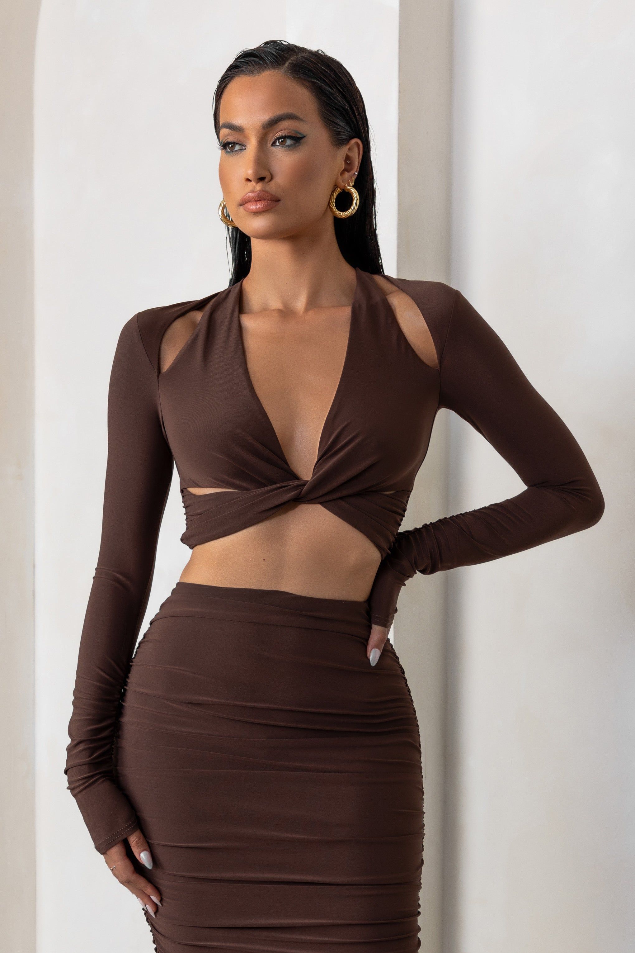 Admirable | Chocolate Brown Plunge Neck Twist Front Crop Top With Long Sleeves sold by Club L London product image thumbnail 4