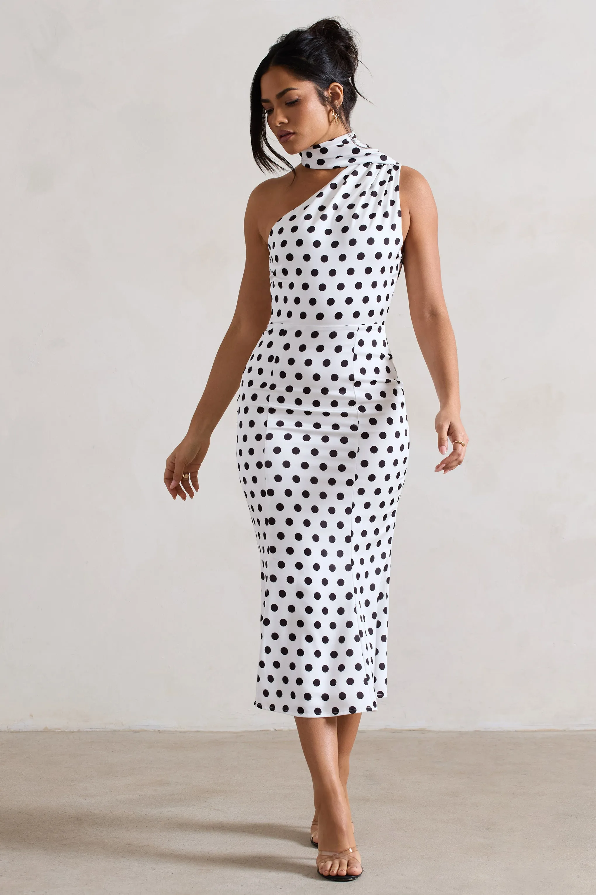 Golden Girl | White Polka Dot One Shoulder High-Neck Flared Midi Dress sold by Club L London