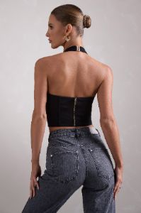 Fame | Black Plunging Halter-Neck Corset Top sold by Club L London