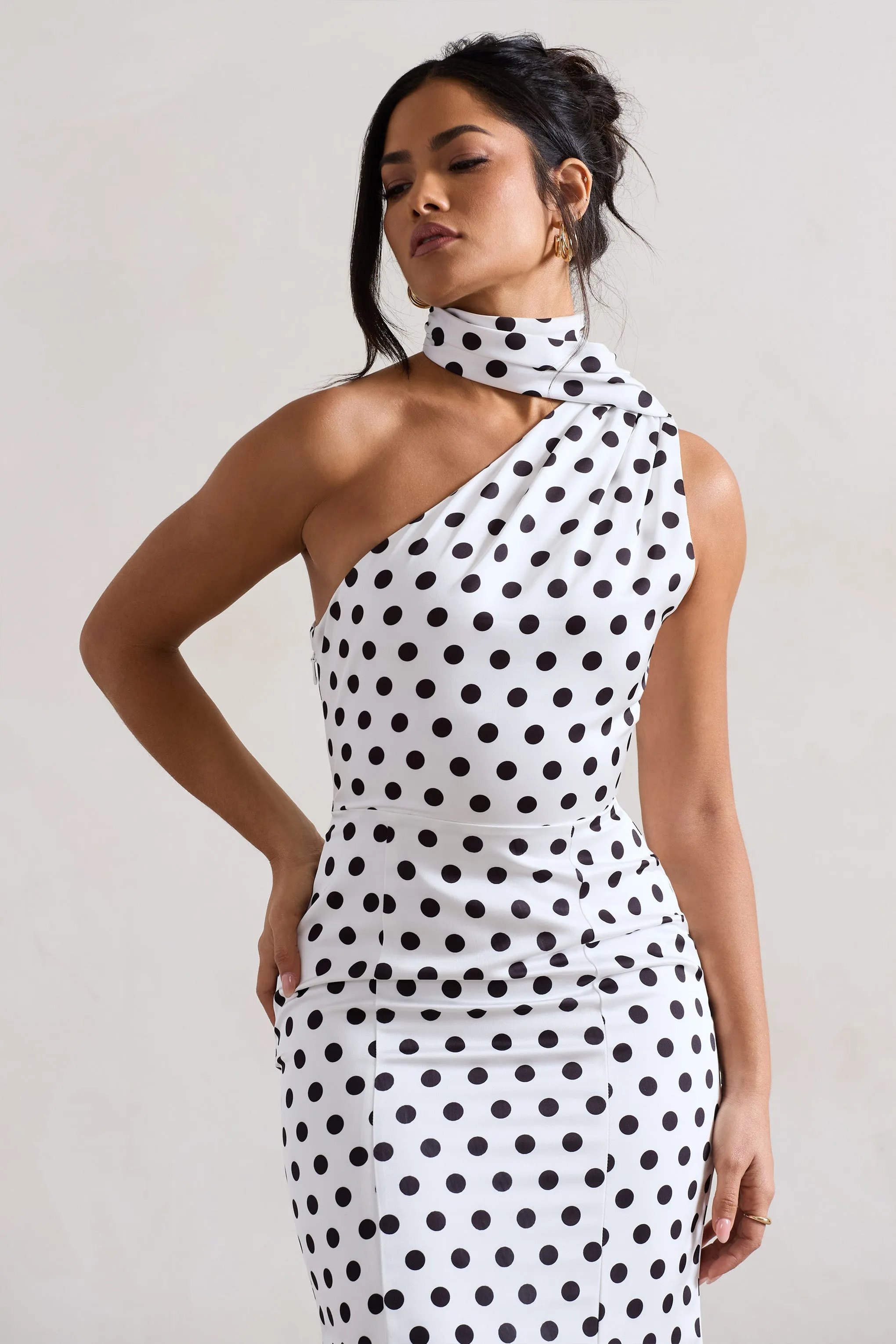 Golden Girl | White Polka Dot One Shoulder High-Neck Flared Midi Dress sold by Club L London product image thumbnail 3