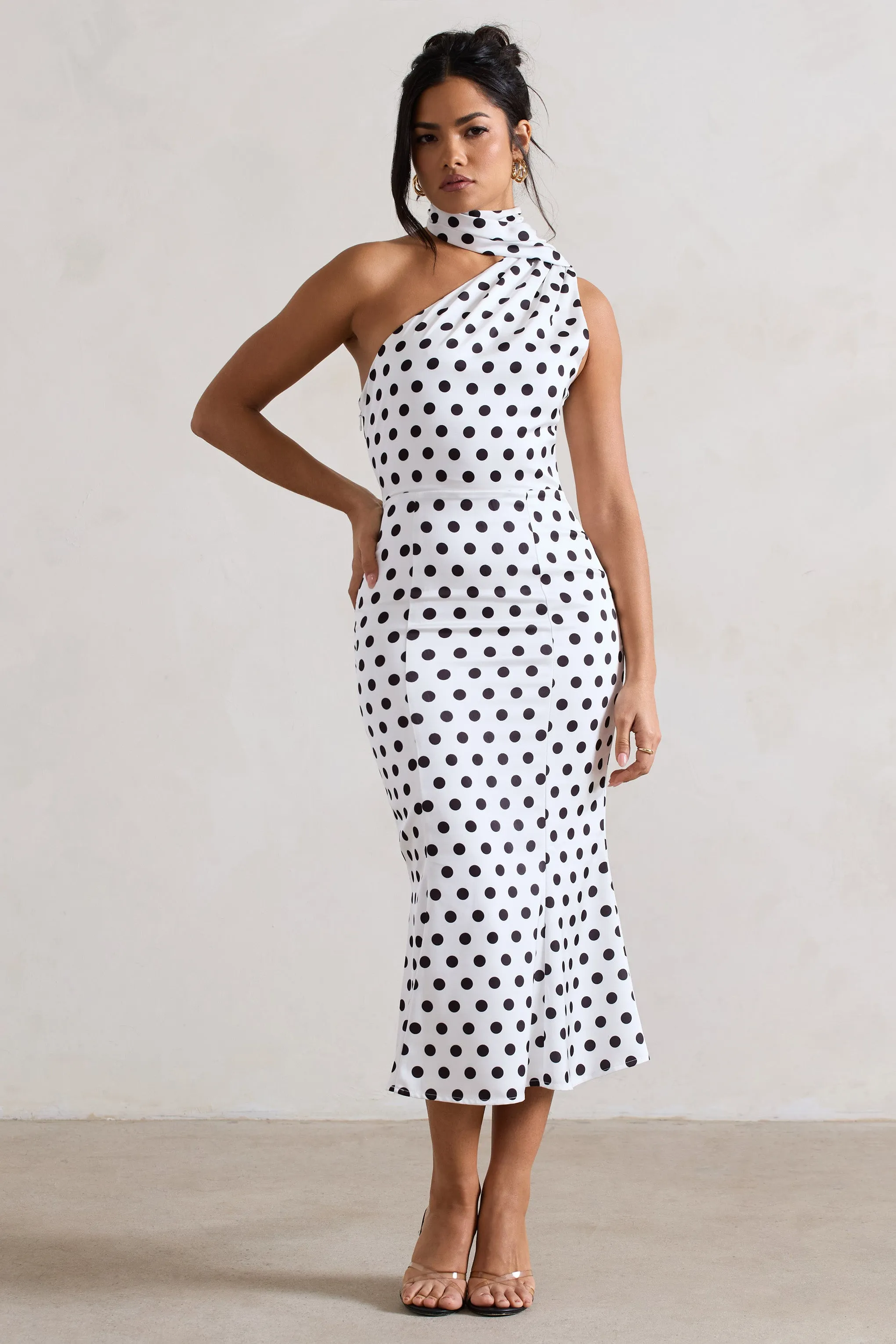 Golden Girl | White Polka Dot One Shoulder High-Neck Flared Midi Dress sold by Club L London product image thumbnail 4