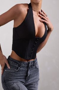 Fame | Black Plunging Halter-Neck Corset Top sold by Club L London