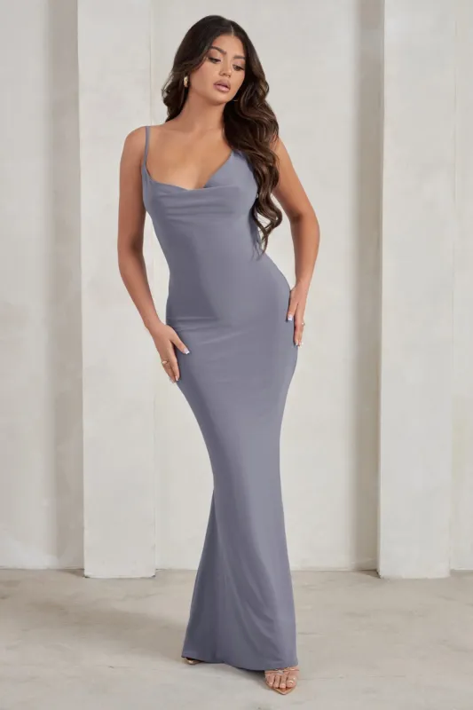 Corinne | Grey Asymmetric Cowl Neck Backless Maxi Dress sold by Club L London