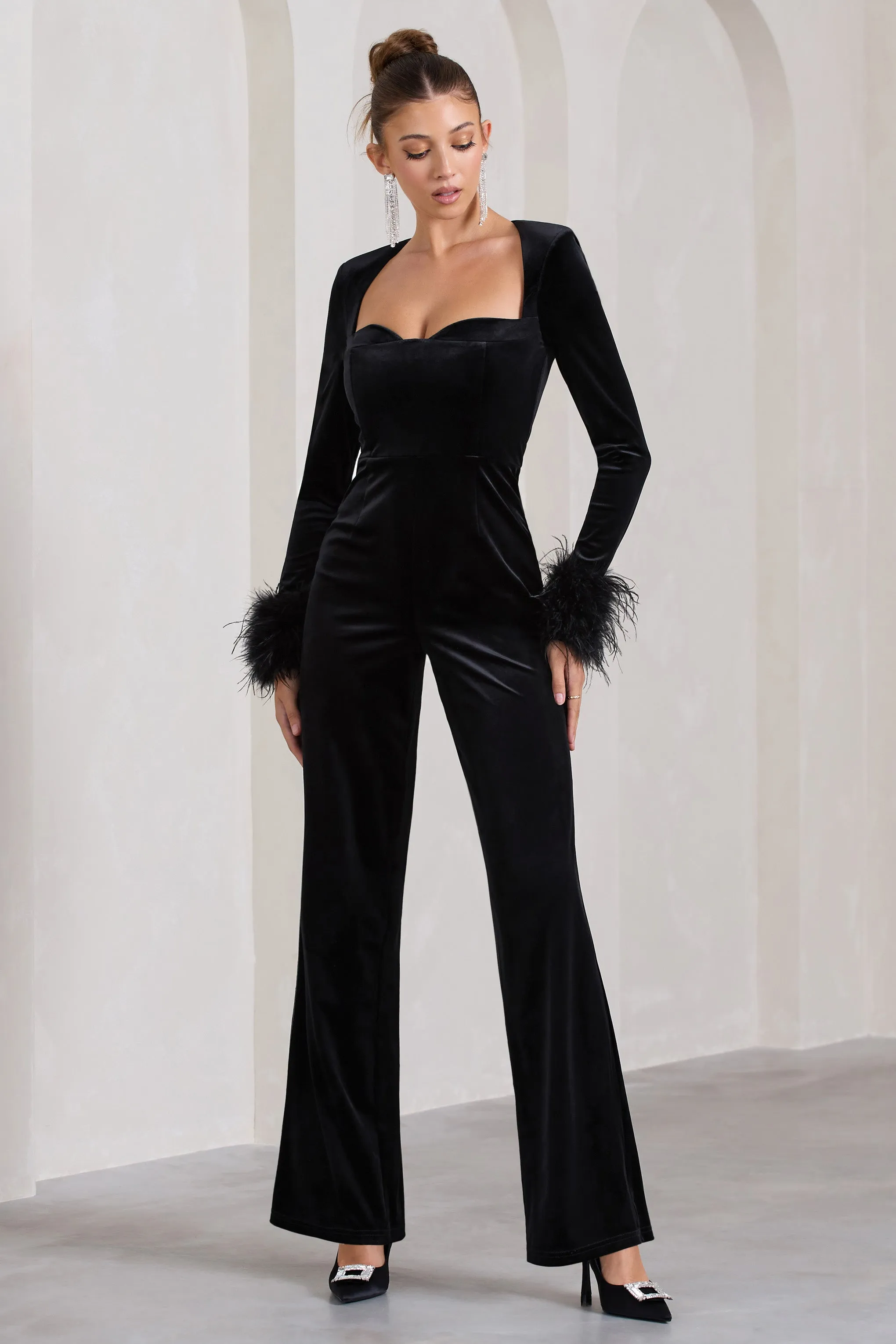Trailblazer | Black Velvet Long-Sleeved Jumpsuit With Feather Cuffs sold by Club L London product image thumbnail 5