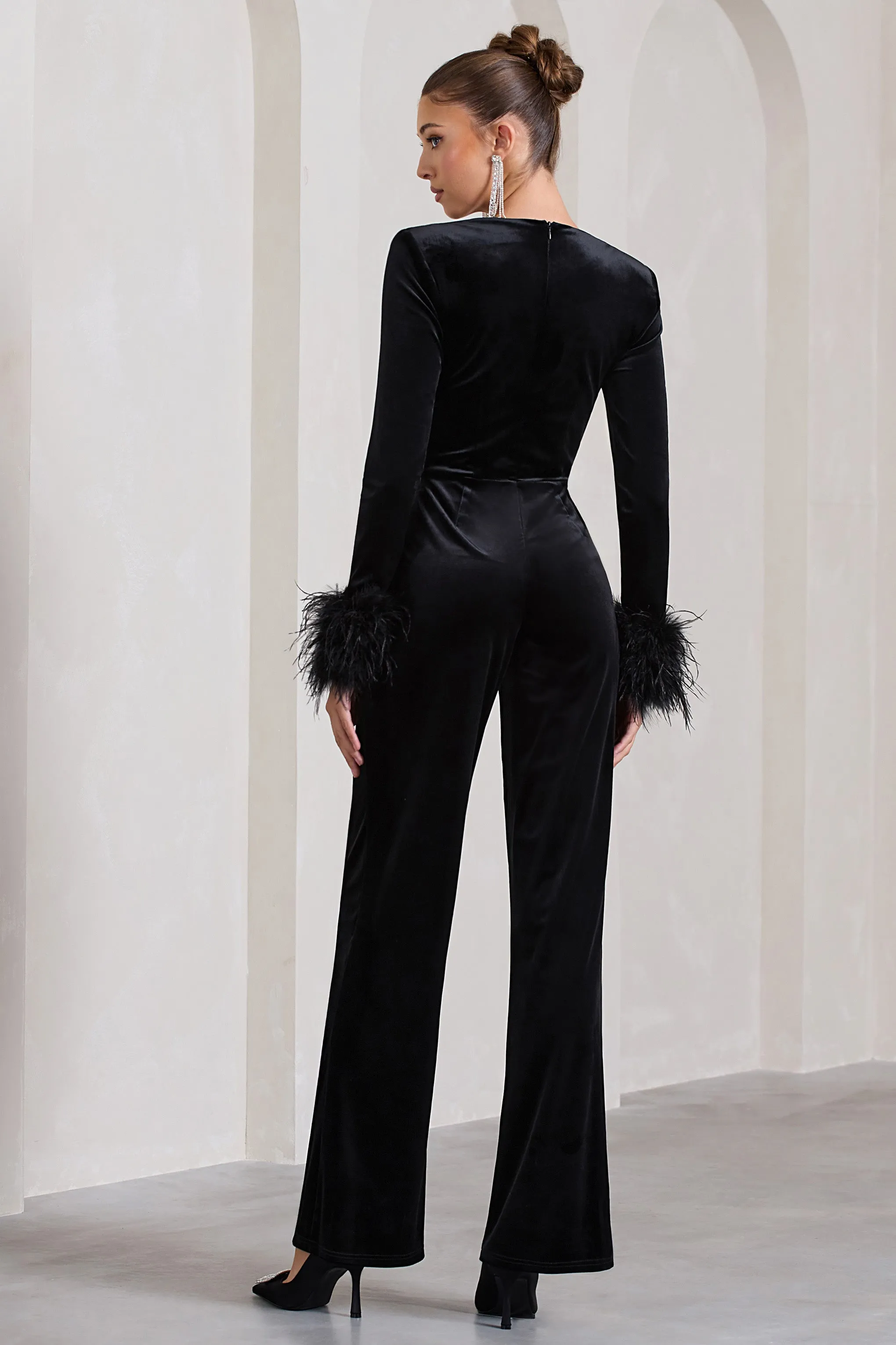 Trailblazer | Black Velvet Long-Sleeved Jumpsuit With Feather Cuffs sold by Club L London product image thumbnail 3