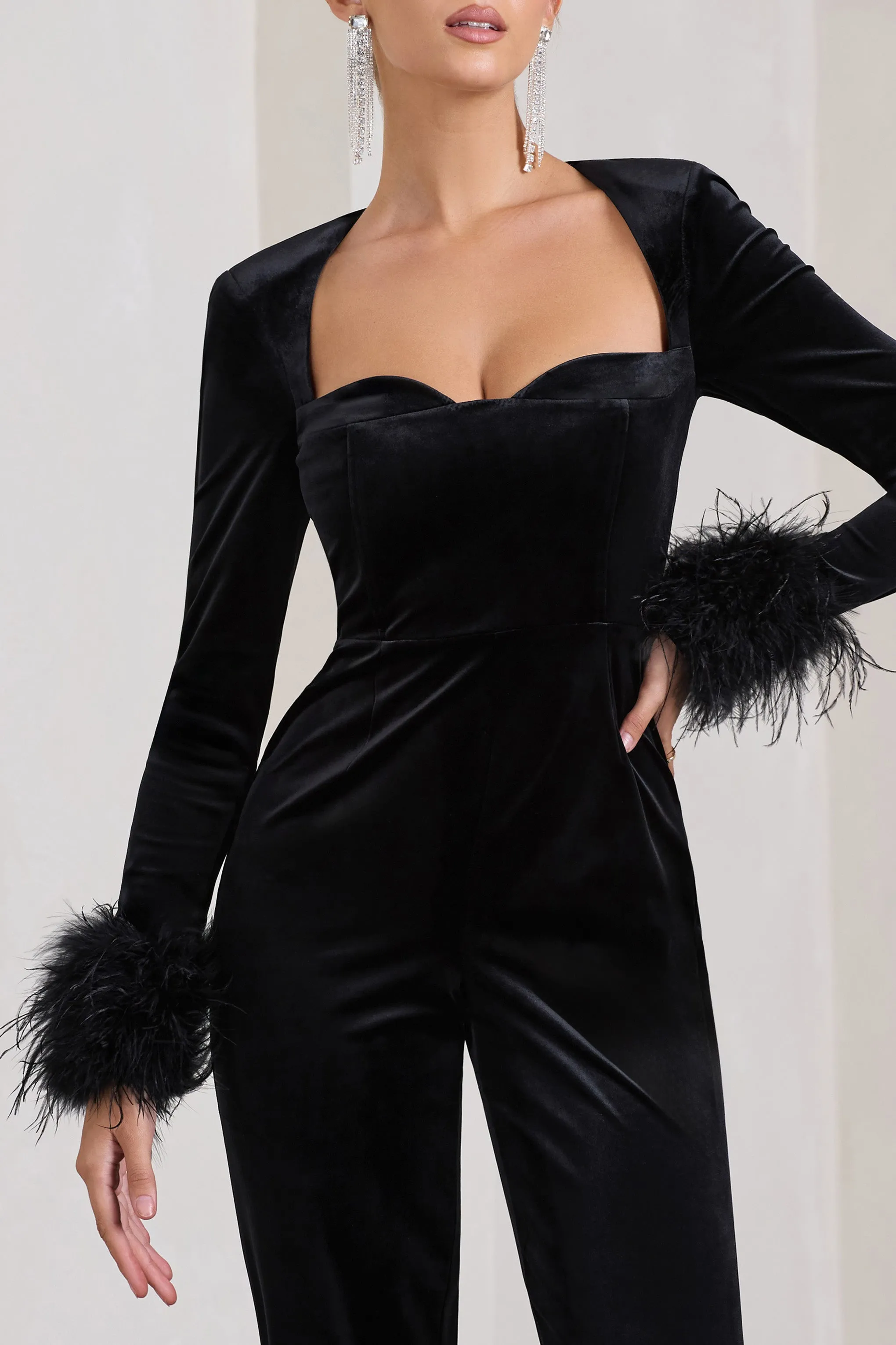 Trailblazer | Black Velvet Long-Sleeved Jumpsuit With Feather Cuffs sold by Club L London product image thumbnail 4