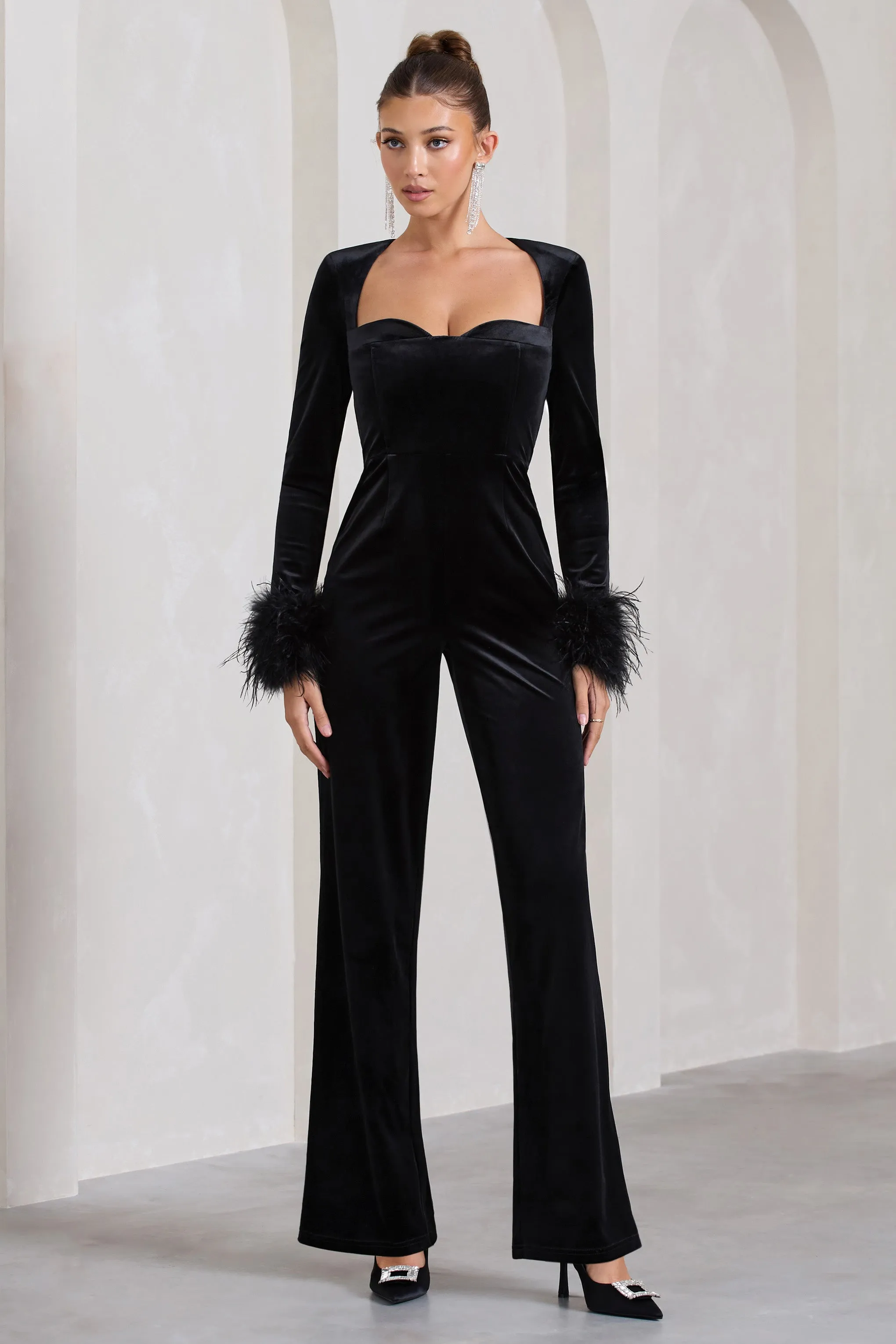 Trailblazer | Black Velvet Long-Sleeved Jumpsuit With Feather Cuffs sold by Club L London product image thumbnail 2