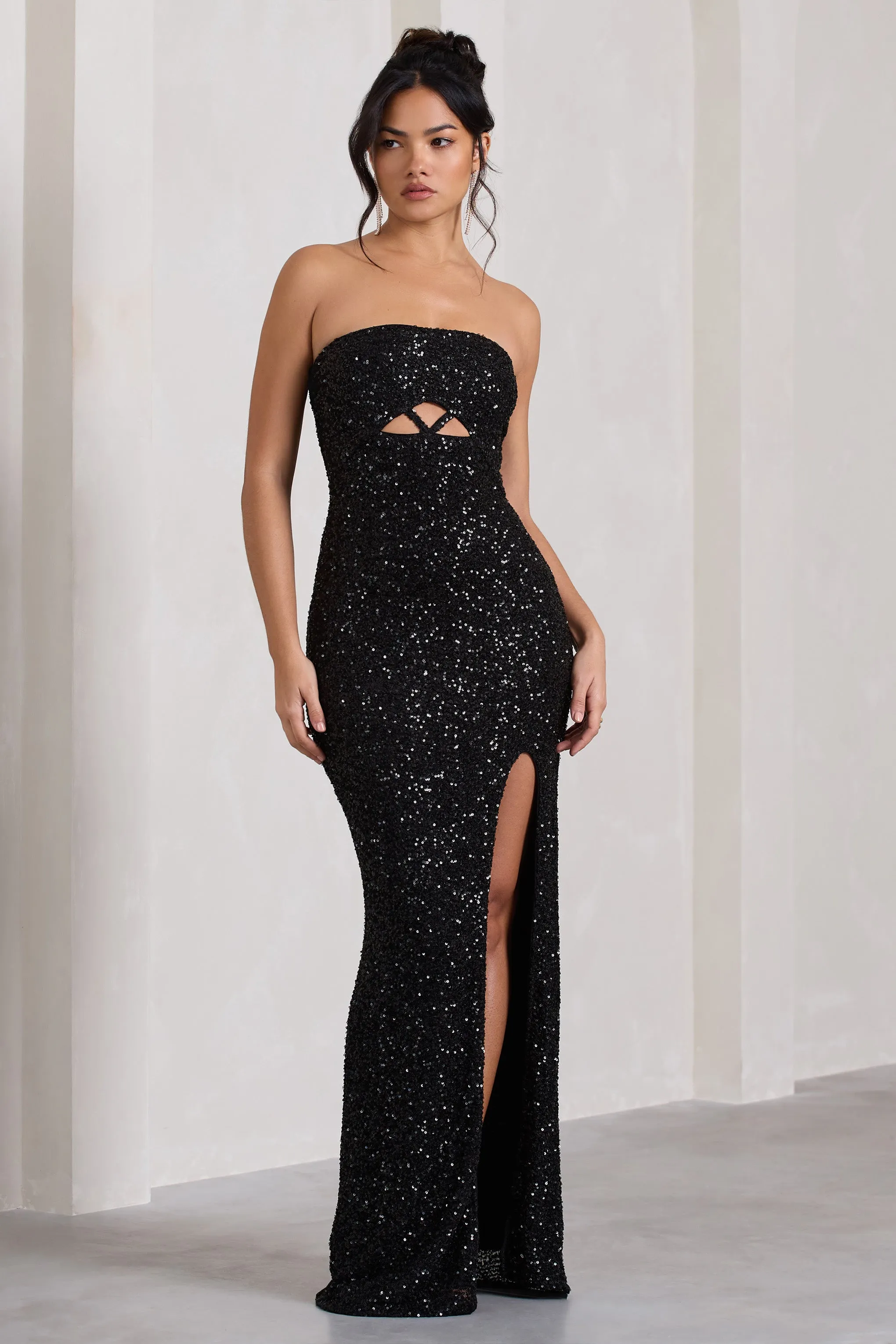 Illuminate | Black Sequin Bandeau Cut Out Split Maxi Dress sold by Club L London product image thumbnail 5