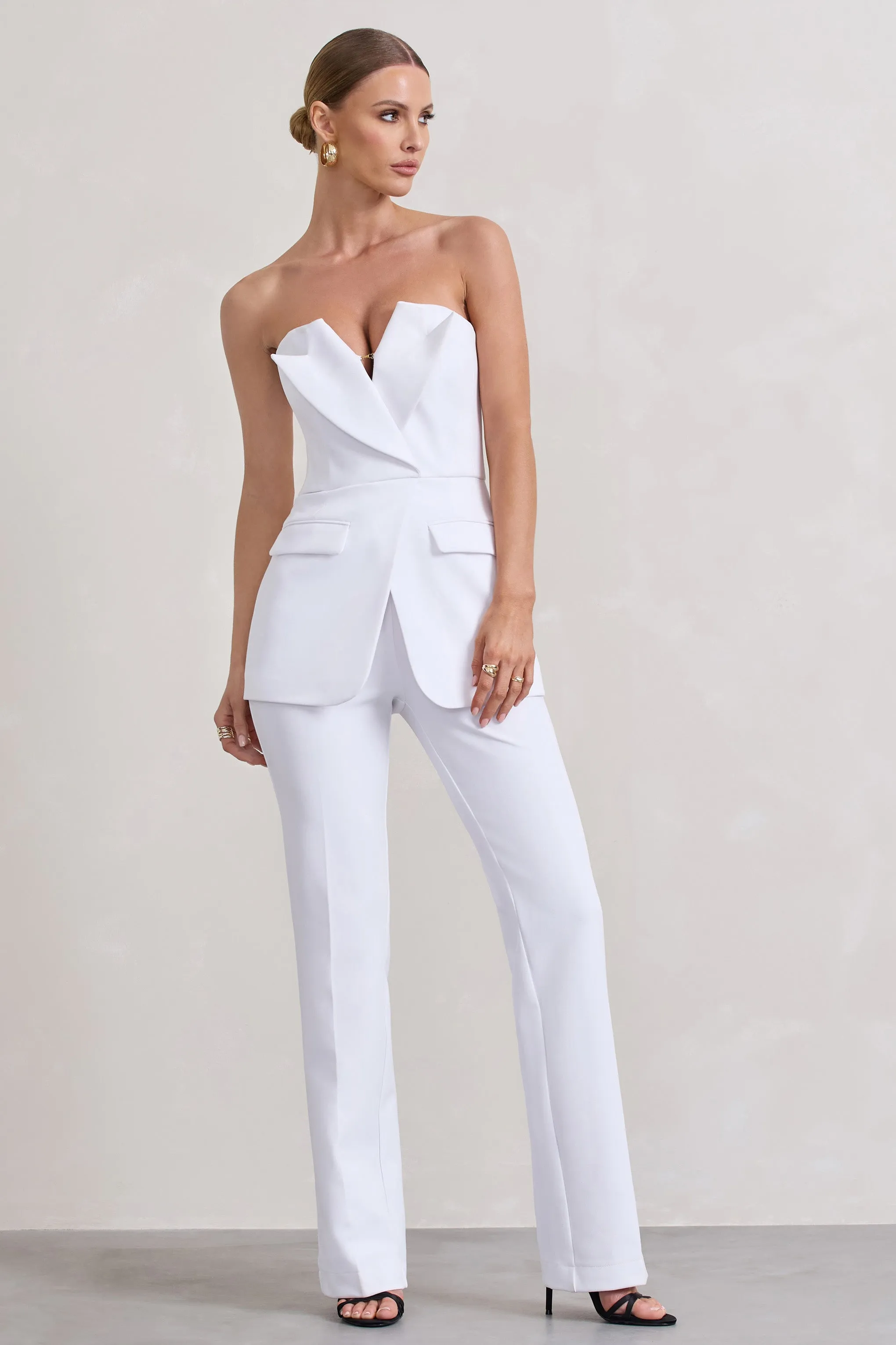 Money Moves | White Strapless Blazer-Inspired Straight-Leg Jumpsuit sold by Club L London