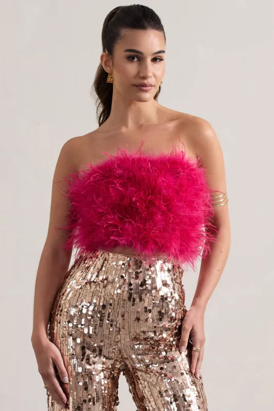 Dream Daze | Dark Pink Strapless Feather Crop Top sold by Club L London