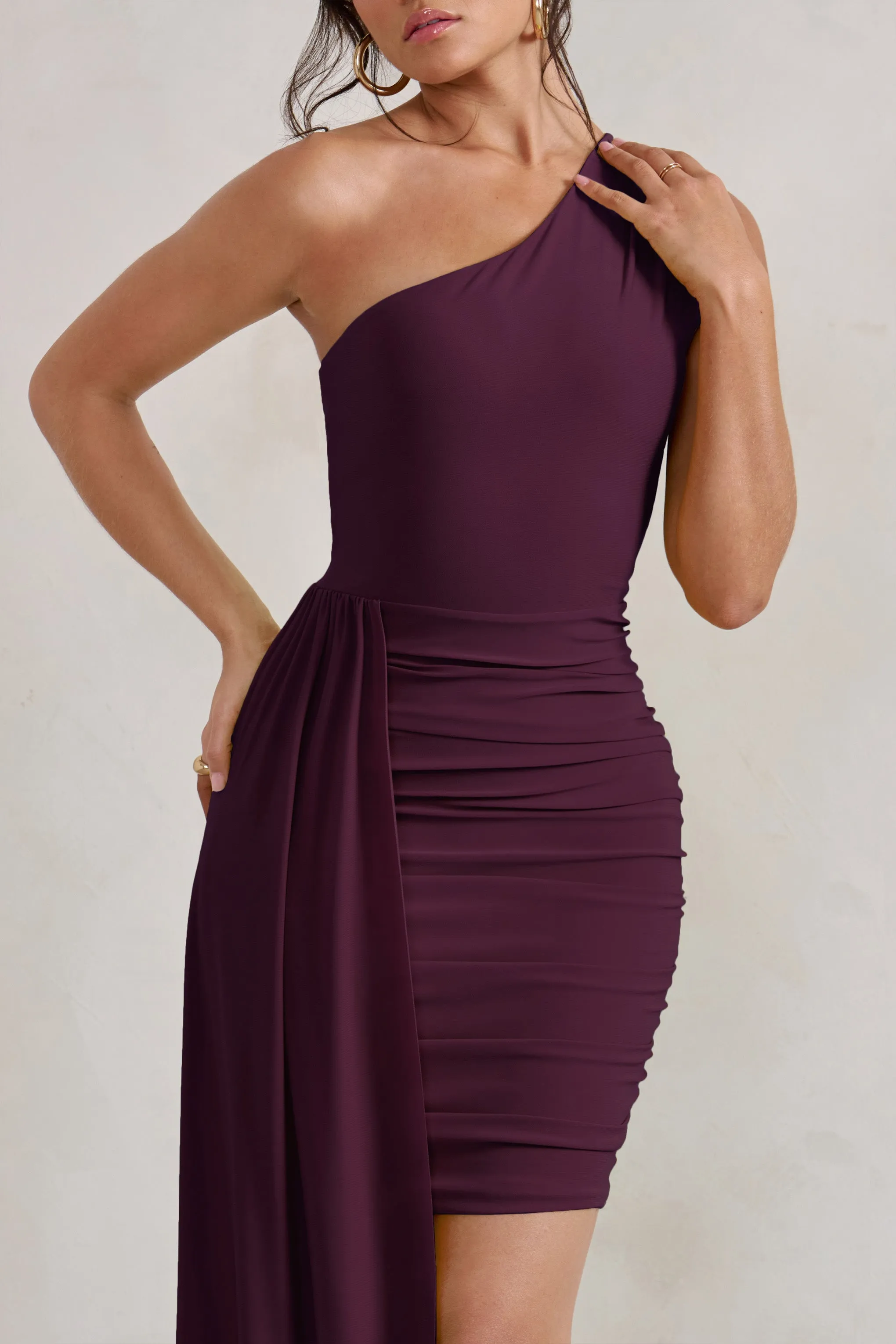 Charlie | Plum One Shoulder Ruched Mini Dress With Statement Drape sold by Club L London product image thumbnail 3