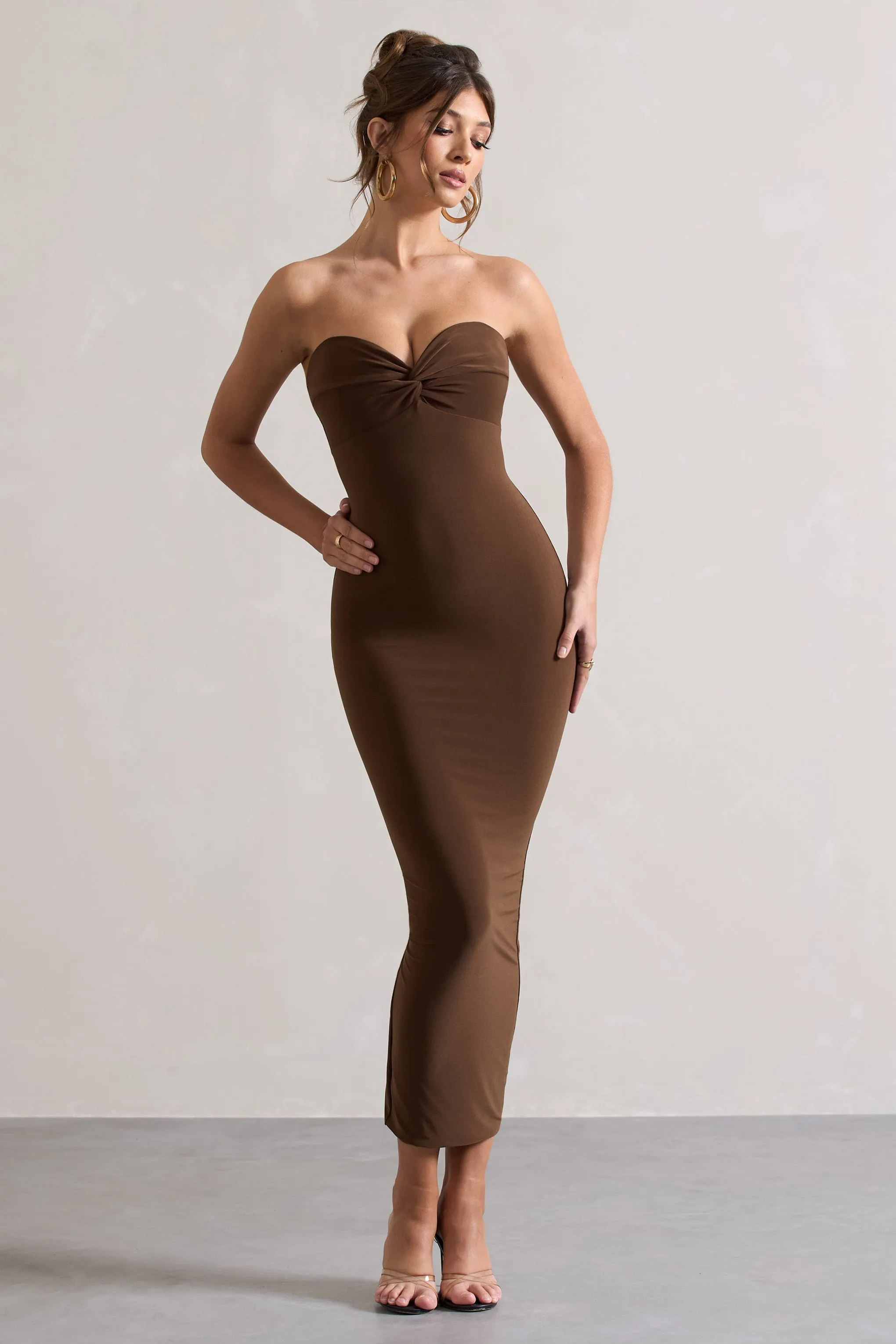 Evita | Chocolate Sweetheart Twist Detail Maxi Dress sold by Club L London