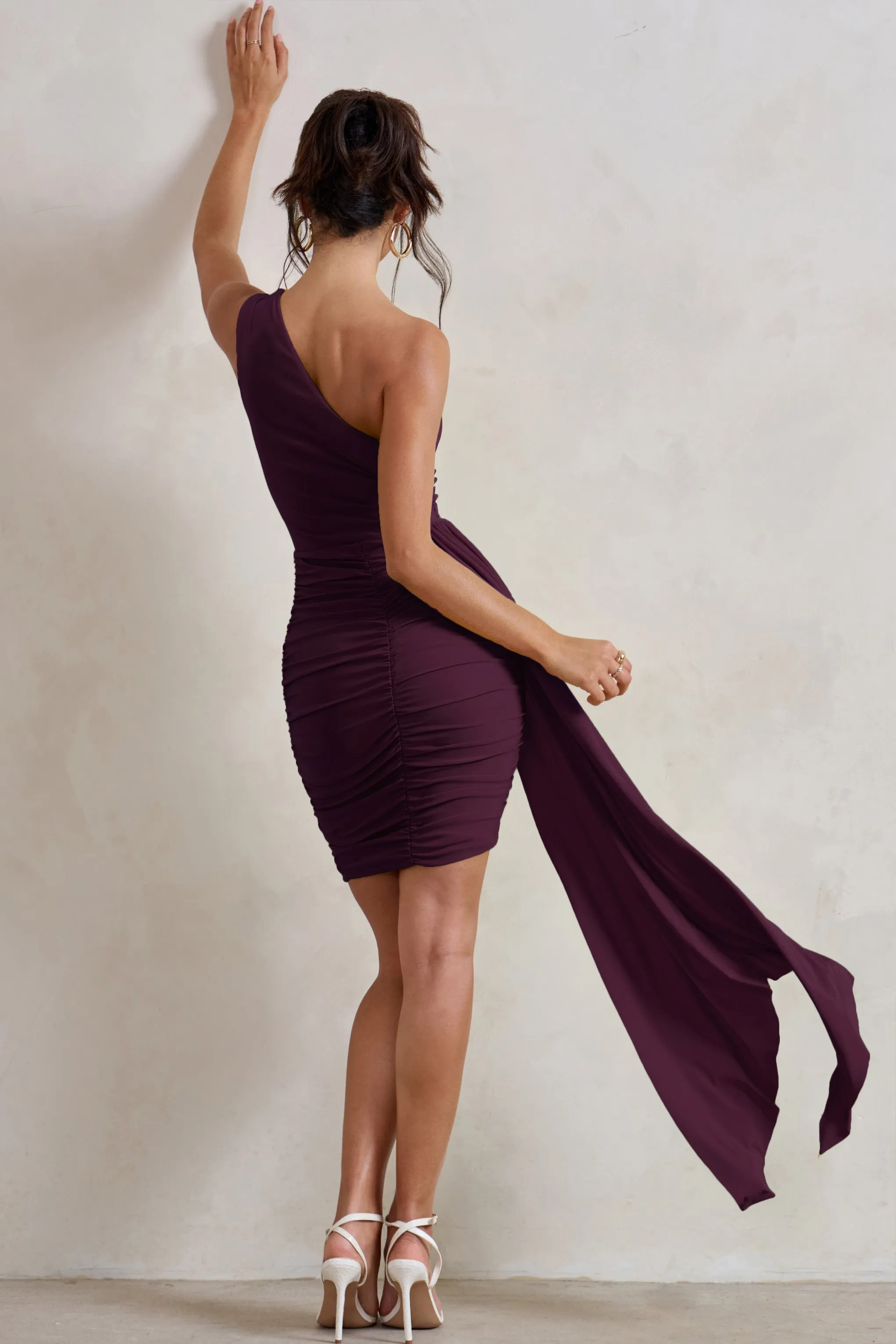 Charlie | Plum One Shoulder Ruched Mini Dress With Statement Drape sold by Club L London product image thumbnail 2