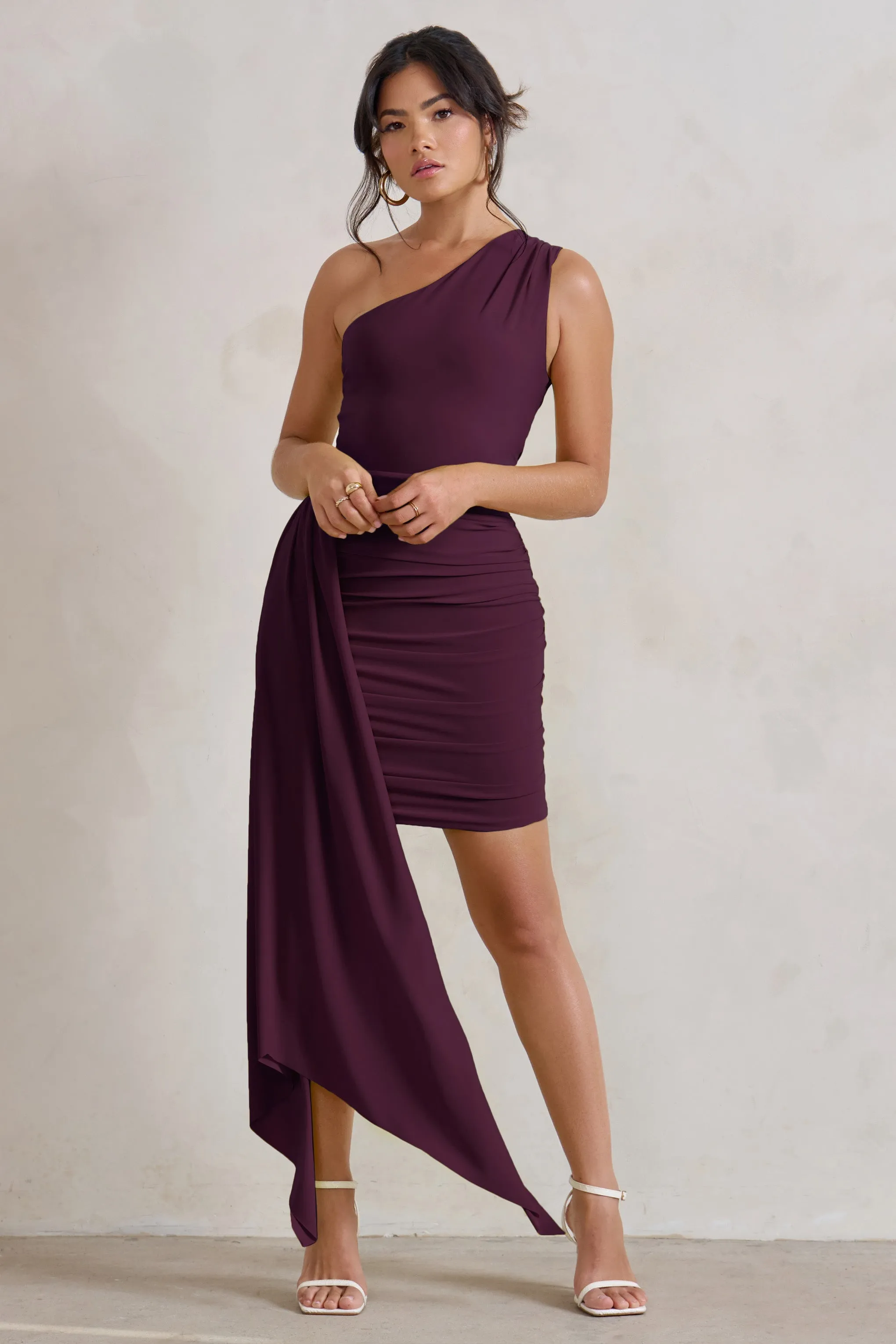 Charlie | Plum One Shoulder Ruched Mini Dress With Statement Drape sold by Club L London