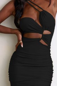 Midsummer | Black Asymmetric Neck Ruched Midi Dress With Cut Out sold by Club L London