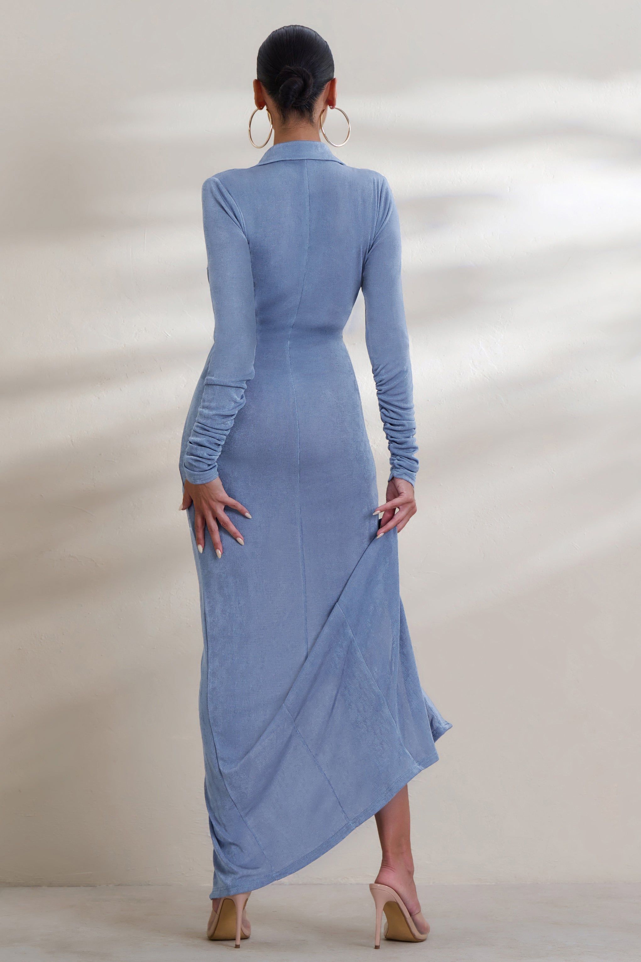 Restless Heart | Slate Blue Plunge Neck Ruched Detail Maxi Dress sold by Club L London product image thumbnail 2