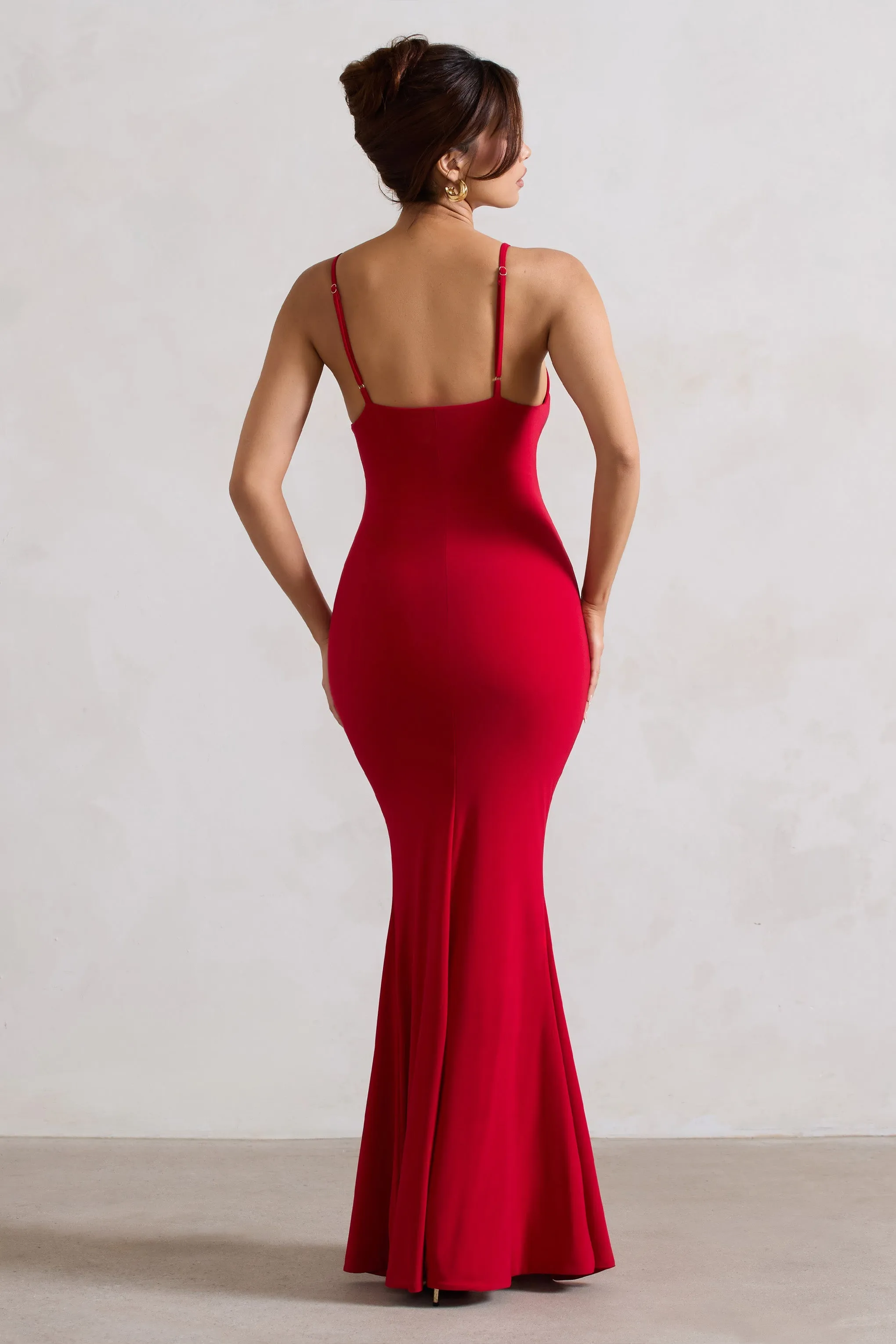 Love Shy | Red Plunge Neck Maxi Dress With Split Detail sold by Club L London product image thumbnail 2
