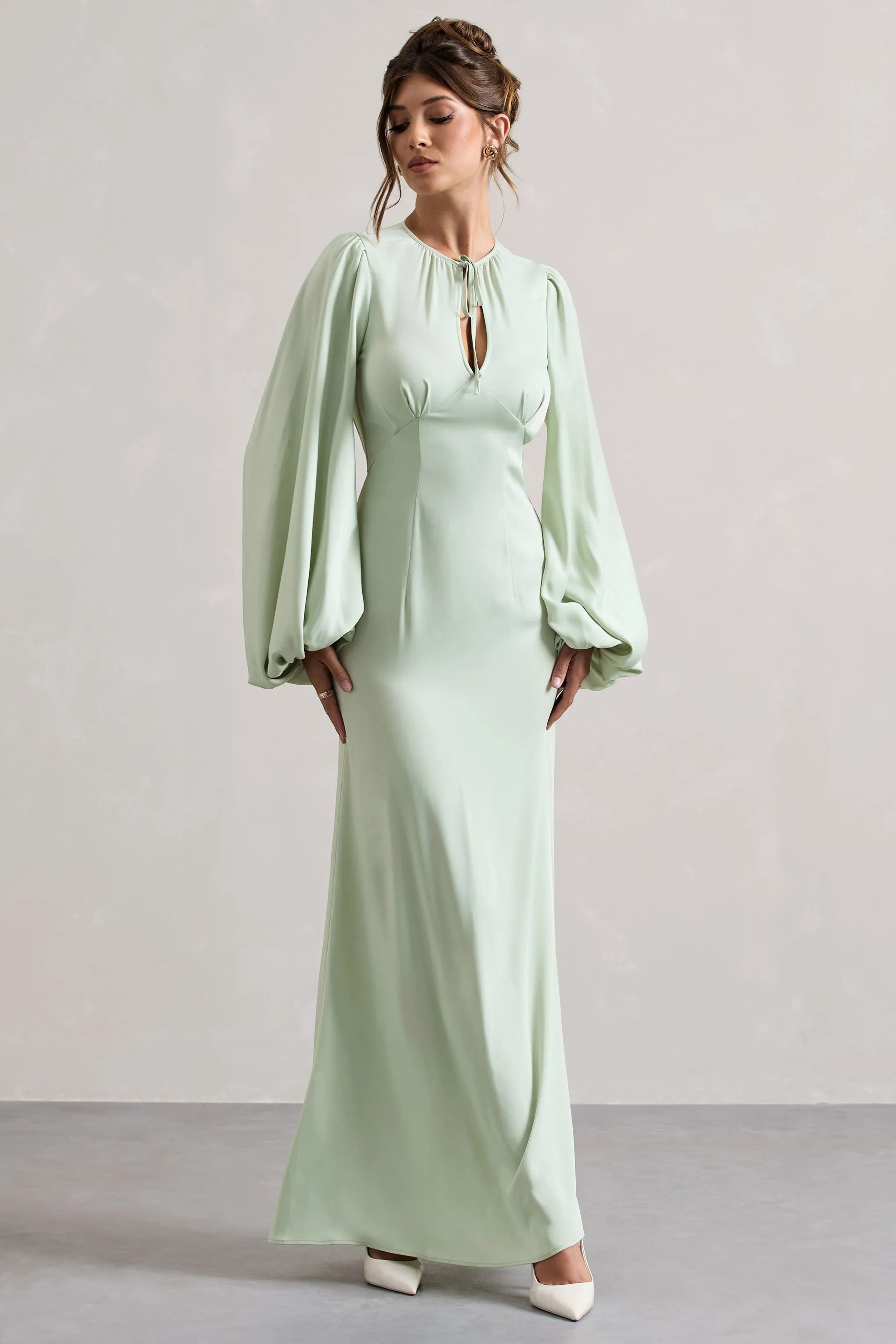 Wild Rose | Light Green Puff-Sleeve Cut-Out Maxi Dress sold by Club L London