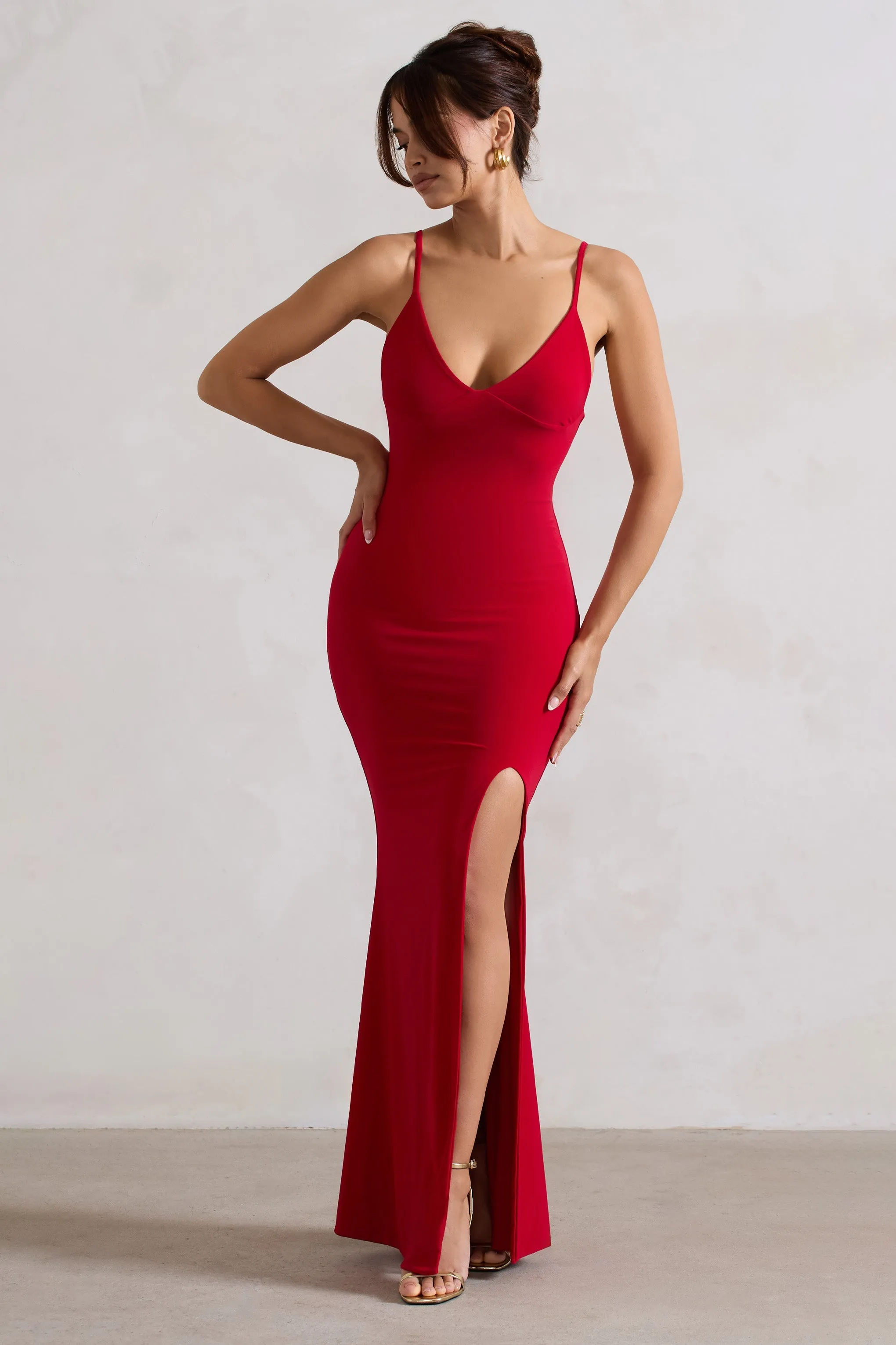 Love Shy | Red Plunge Neck Maxi Dress With Split Detail sold by Club L London product image thumbnail 3