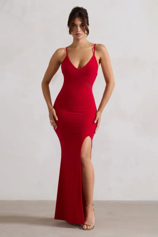 Love Shy | Red Plunge Neck Maxi Dress With Split Detail sold by Club L London