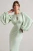 Wild Rose | Light Green Puff-Sleeve Cut-Out Maxi Dress sold by Club L London