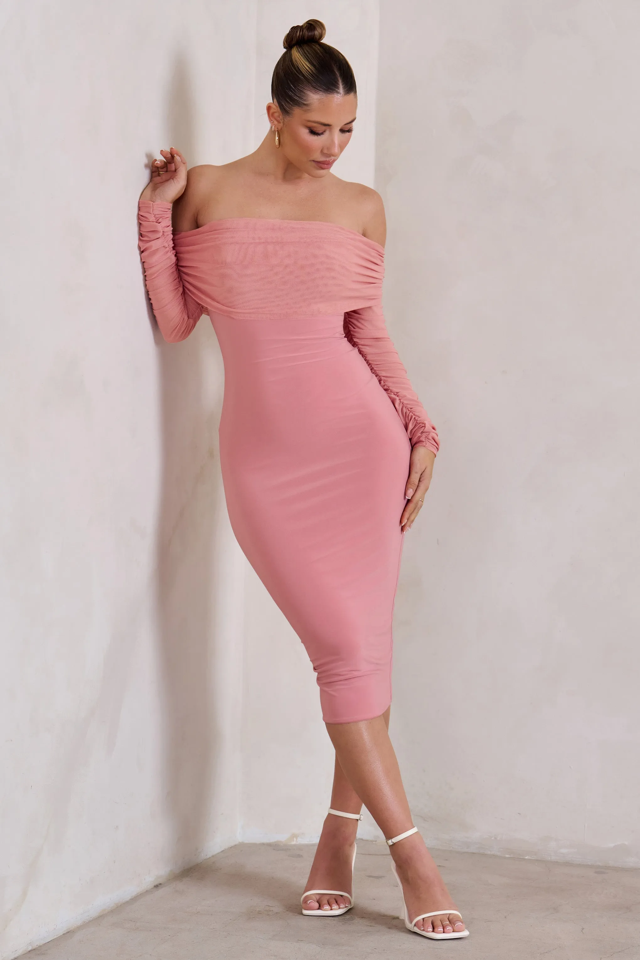 Only You | Powder Pink Ruched Mesh Bardot Midi Dress sold by Club L London product image thumbnail 4