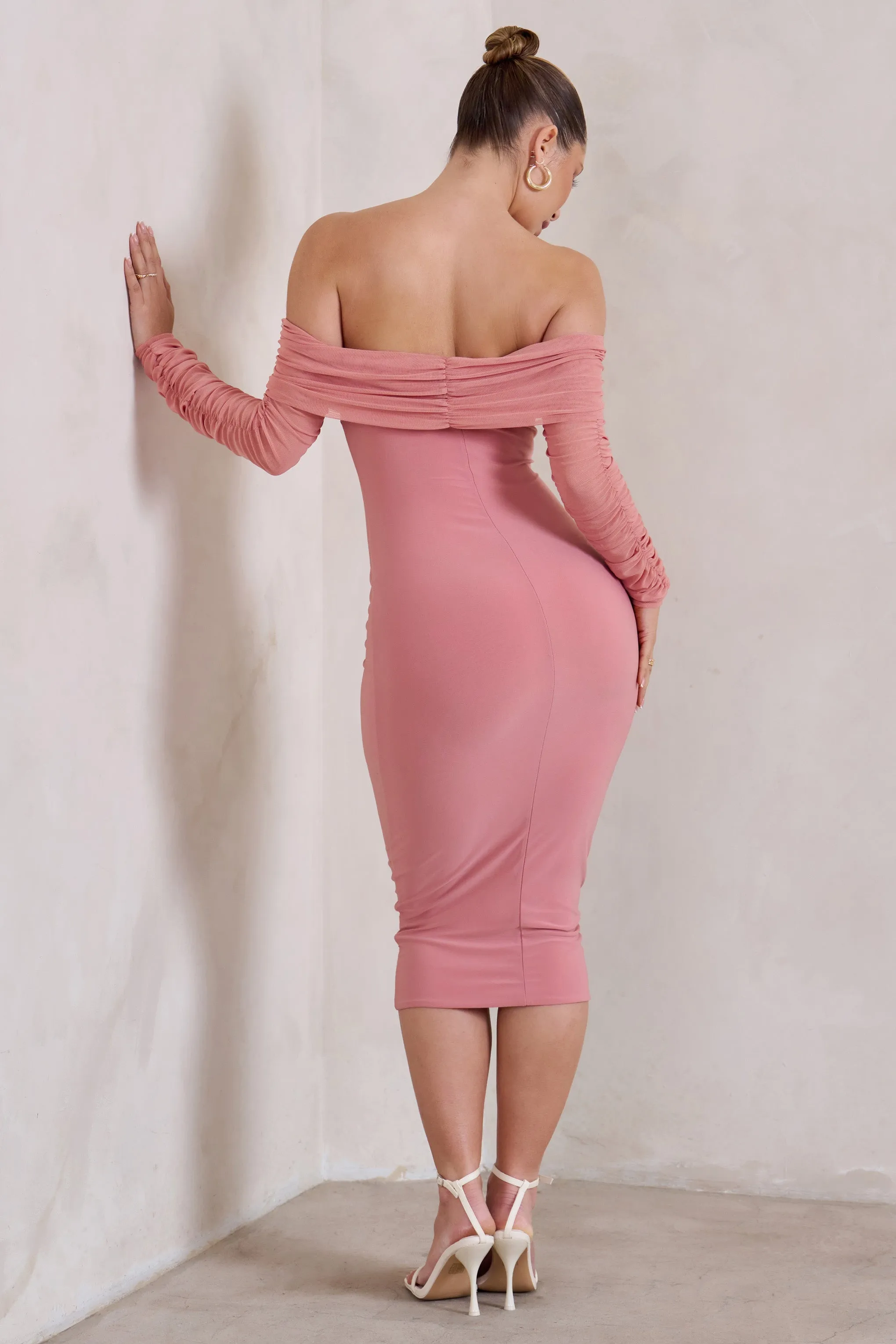 Only You | Powder Pink Ruched Mesh Bardot Midi Dress sold by Club L London product image thumbnail 2
