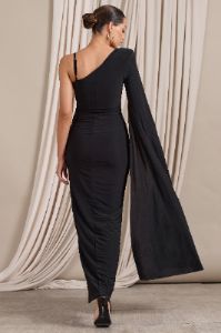 The Crown | Black Plunge Front One Shoulder Maxi Dress sold by Club L London