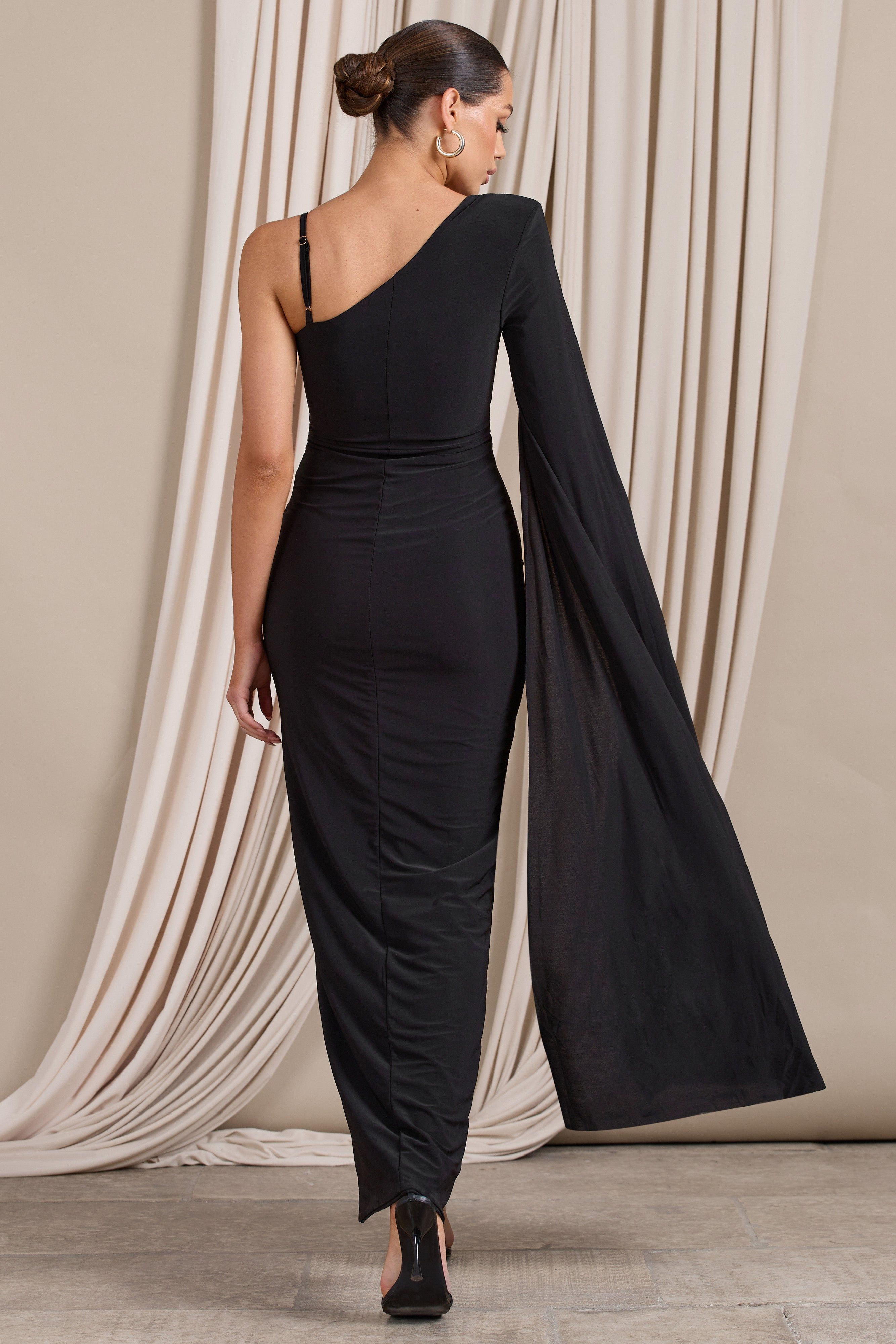 The Crown | Black Plunge Front One Shoulder Maxi Dress sold by Club L London product image thumbnail 2
