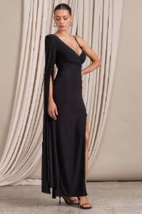 The Crown | Black Plunge Front One Shoulder Maxi Dress sold by Club L London
