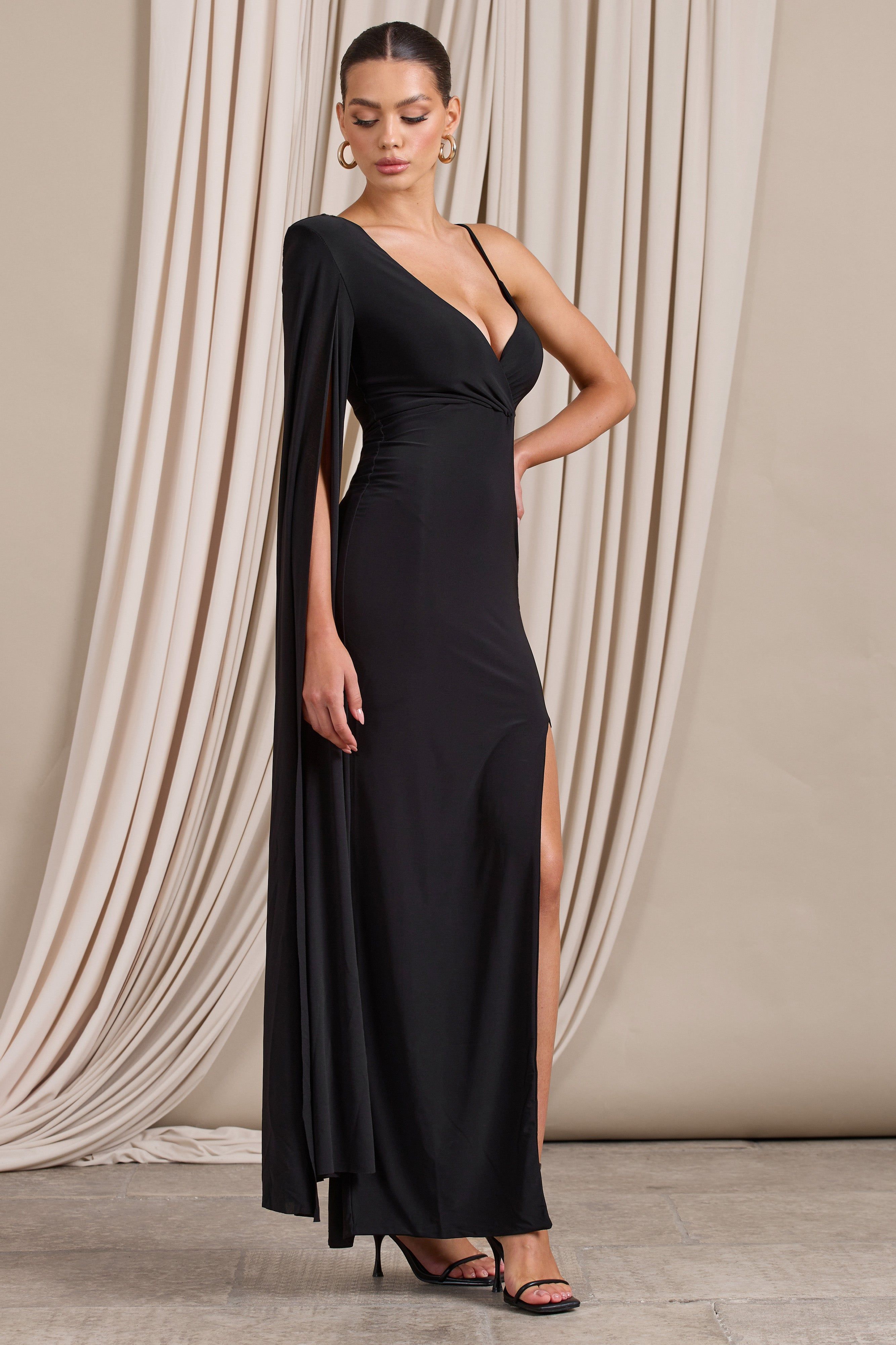 The Crown | Black Plunge Front One Shoulder Maxi Dress sold by Club L London product image thumbnail 5