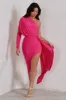 Catherine | Hot Pink One Sleeve Asymmetric Midi Dress With Statement Drape sold by Club L London