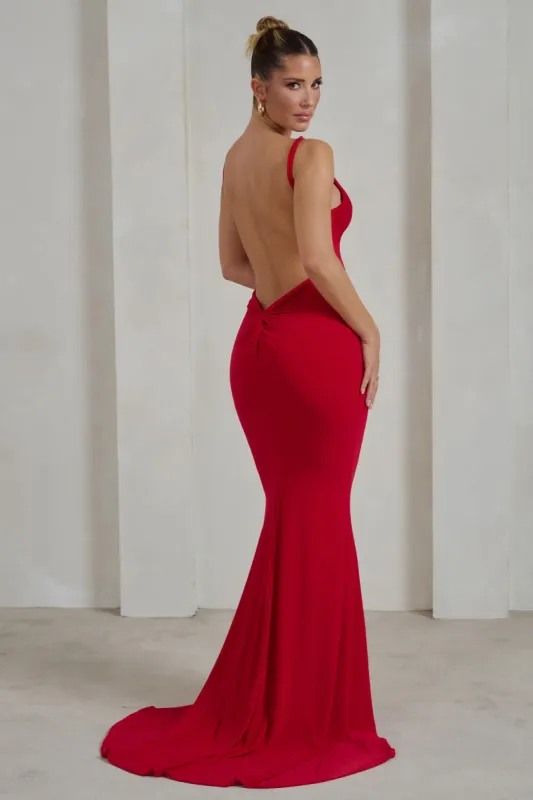Endless Love | Red Backless Knot Detail Fishtail Maxi Dress sold by Club L London