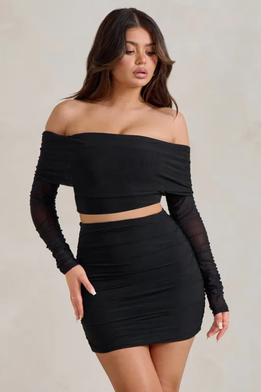 Rule Breaker | Black Ruched Mesh Bardot Crop Top sold by Club L London