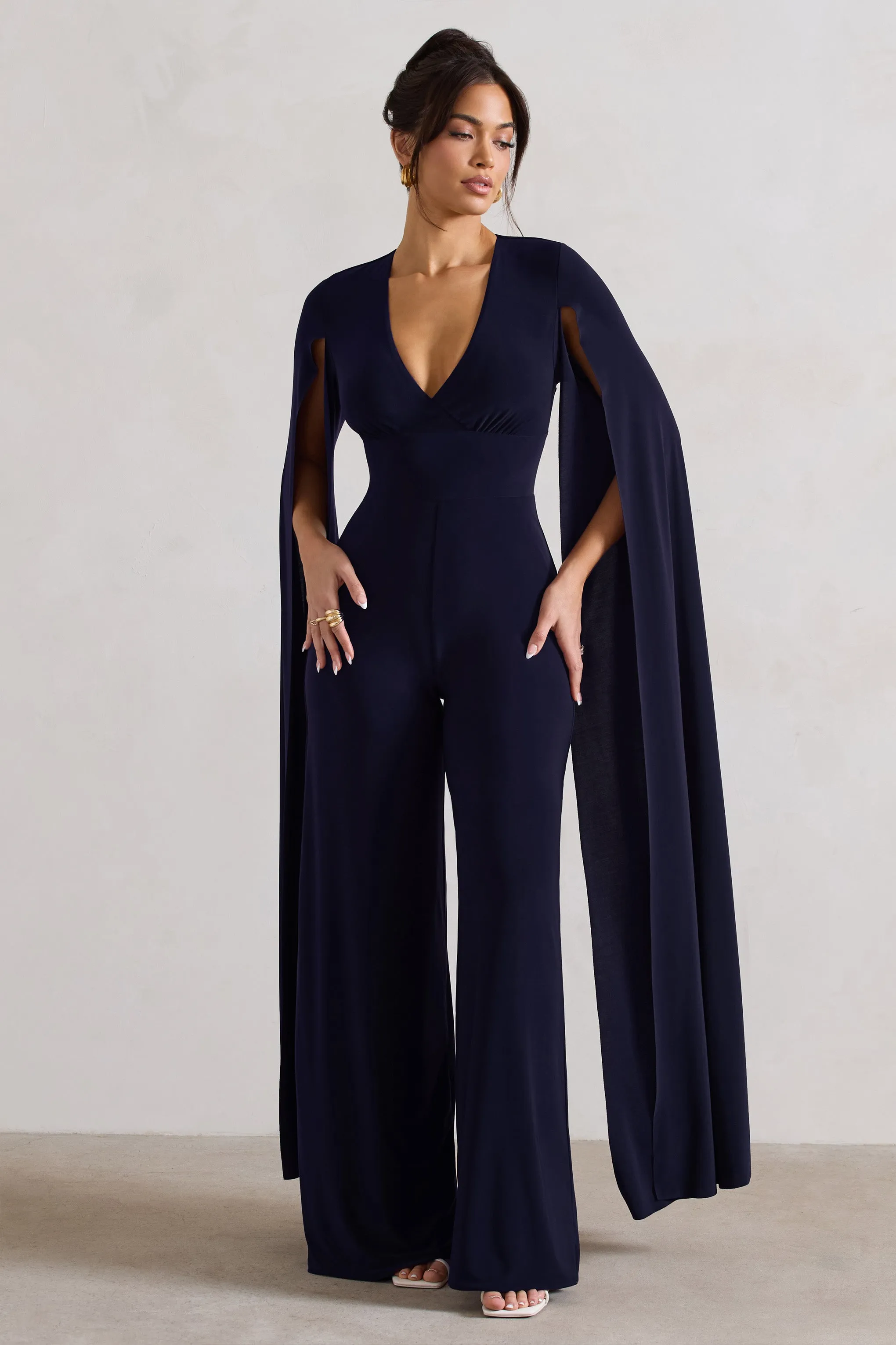 Emmanuela | Navy Plunge-Neck Wide-Leg Jumpsuit With Cape Sleeves sold by Club L London product image thumbnail 2